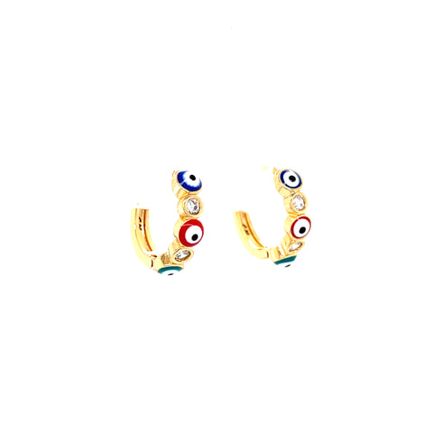 The Multicolor Evil Eye Huggies Earrings, featuring a row of colorful enamel eye designs and adorned with small clear zirconia stones, are beautifully showcased on a plain white background.